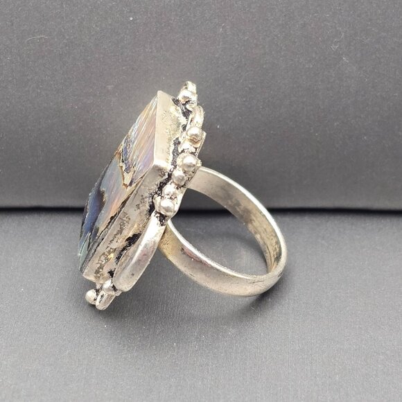 925 Sterling Silver Plt Abalone Shell Ring Size 8 Bezel Setting Statement - Picture 2 of 11